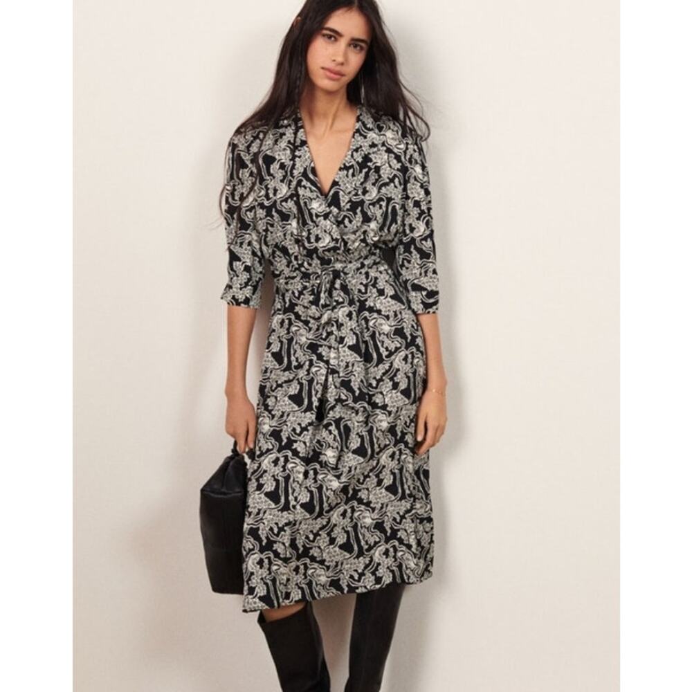 BA&SH Womens Imy Printed Midi Dress US 2 Black White V Neck 3/4 Sleeve Wrap
